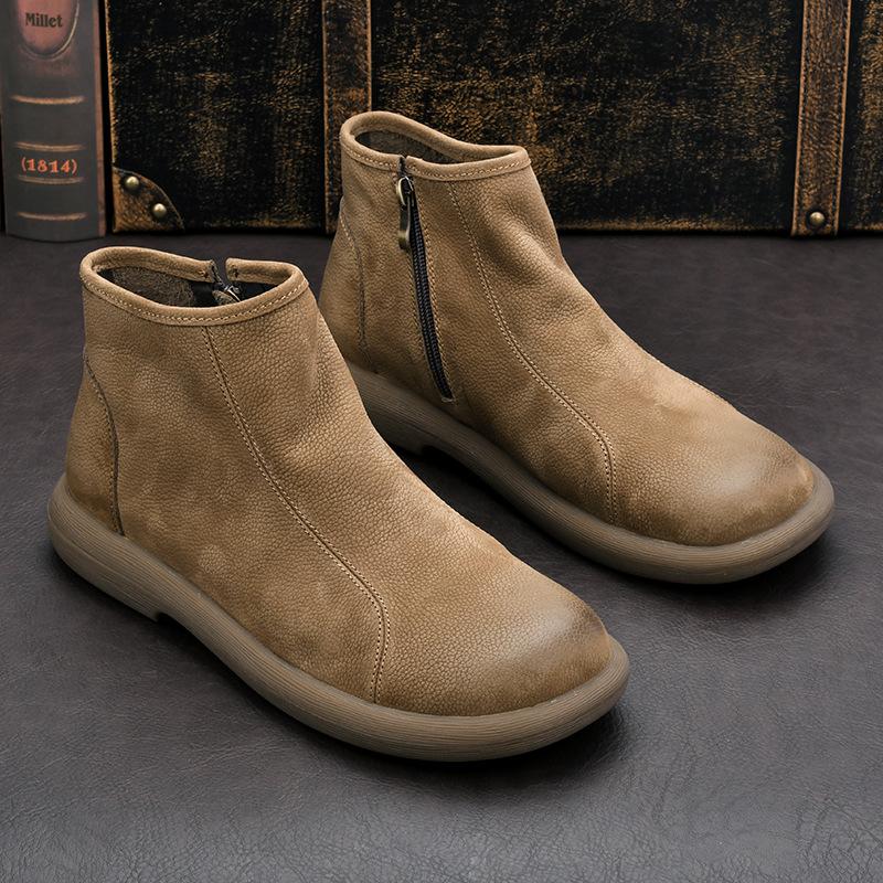 Genuine Leather Men's Toe Layer Cowhide Frosted Soft Leather Martin Boots Men's Chelsea Retro British Zipper High Top Short Boots