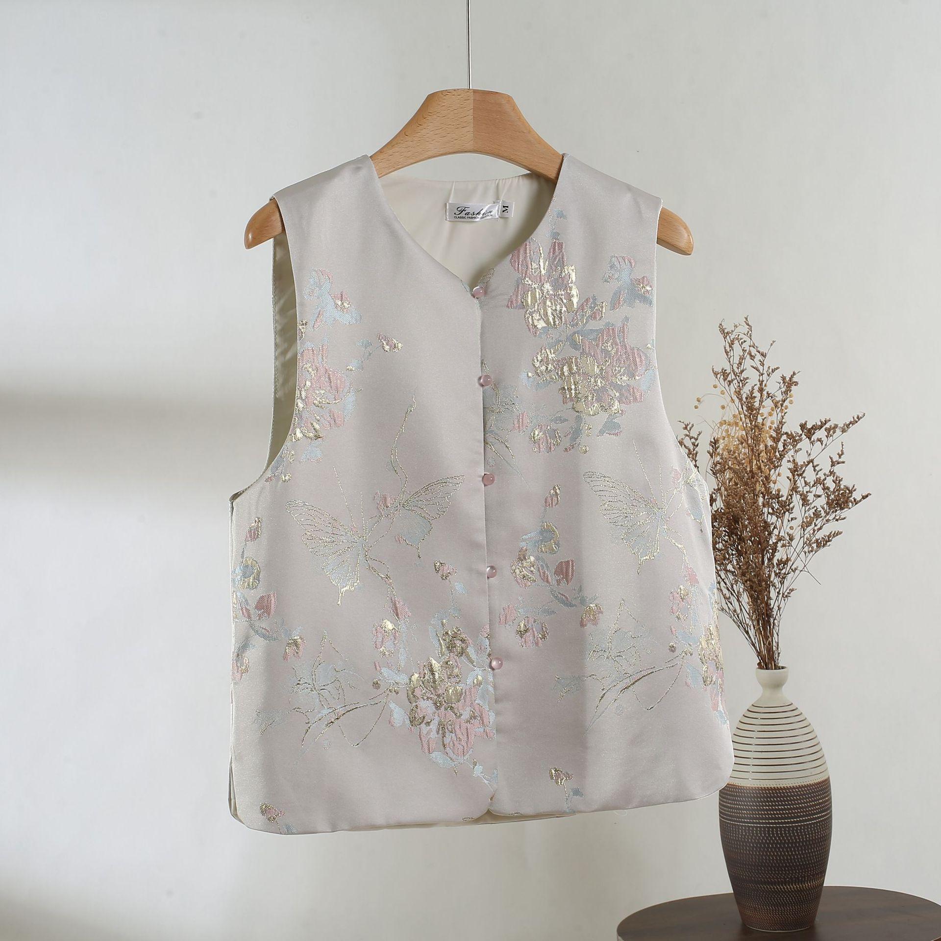 

High quality women s vintage button-up jacquard brocade weave gold embroidered vest top XXXL [Recommended 138-75kg]