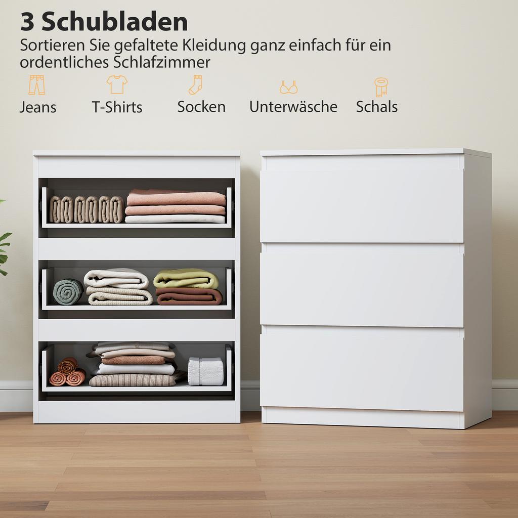 Chest of Drawers with 3 Drawers, for Living Room, Bedroom, Hallway, Particleboard, White