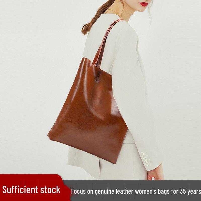Vintage Oil Wax Cowhide Leather Tote Bag - Versatile Vertical Shoulder Handbag Briefcase for Women
