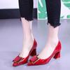 Sapatos Femininas Women Cute Pointed Toe High Quality Wine Red Patent Leather Slip On Square Heel Office Shoes A1139