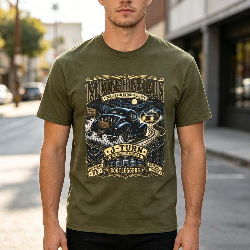 Moonshine Run Vintage TShirt Bootlegger Stock Car Racing History Tee Vintage Night Road Graphic Print Soft Cotton Crew Neck