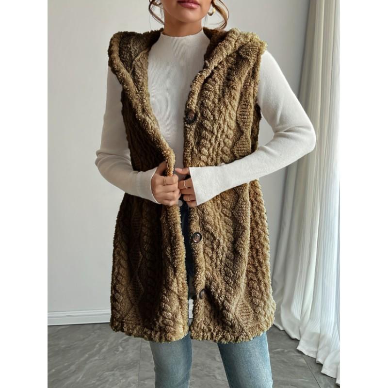 Women's Solid Color Knit Textured Fluffy Hooded Front Open Sleeveless Long Casual Plush Vest