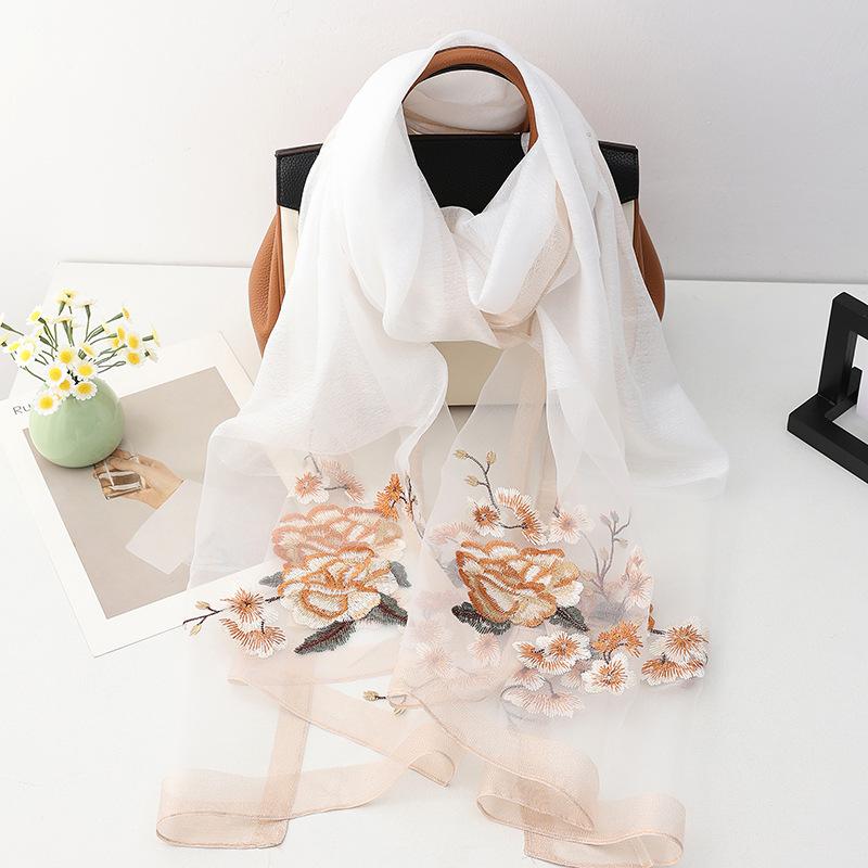 Four Season Silk Wool Scarf Women Hijab Pashmina Shawls Wrap Bandana Blanket Floral Pashmina Embroidery Scarves Foulard Femme