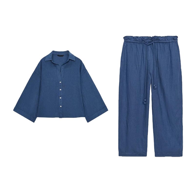 Linen Blended Lapel Long Sleeve Shirt Tops 4043012 Series with Decorations Mid Waist Casual Pants 4043246