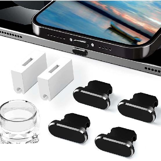 4 Pack Metal Dust Plugs Silver Charging Port Caps Compatible with iPhone 14 13 12 11 Plus Pro Max iPad Airpods, Dust & Water Resistant Charging Port 01 Midnight Black