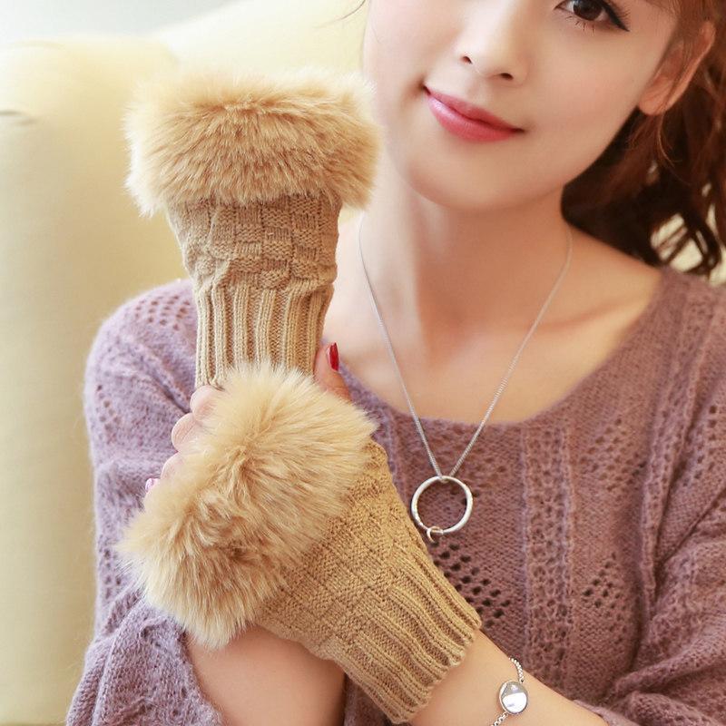 Frauen Herbst Winter Warm Halten Plüsch Gestrickte Wolle Spleißen Halbe Finger Handschuhe Nette Schöne Sweety Glatte Weiche Schreiben Stick