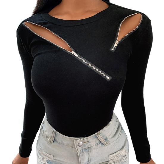 

Fashion Women Sexy Strapless Slim Long Sleeve O Neck Zipper Blouse Top T-Shirt M