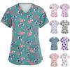 Women's Cute Bow Printed Work Clothes V-neck Double Layer Pockets Basic Short Sleeve Top Pullover