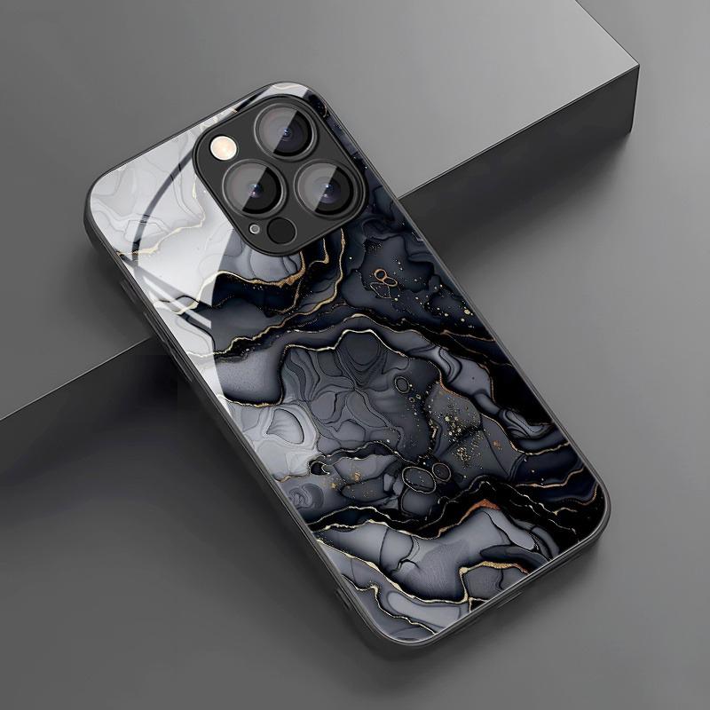 Black Marble Pattern Tempered Glass Black Phone Case For Samsung Galaxy S26 S25 S24 S23 Ultra Plus FE Shockproof Cover