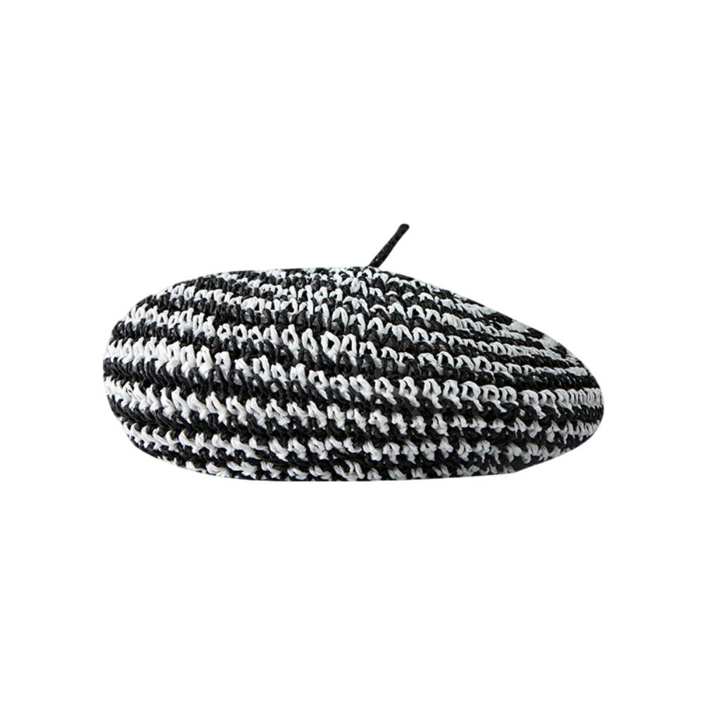 Boho Handmade Summer Straw Beret Thin Breathable French Crochet Beret Hollow Flat Design Beach Weave Beret Holiday Wear