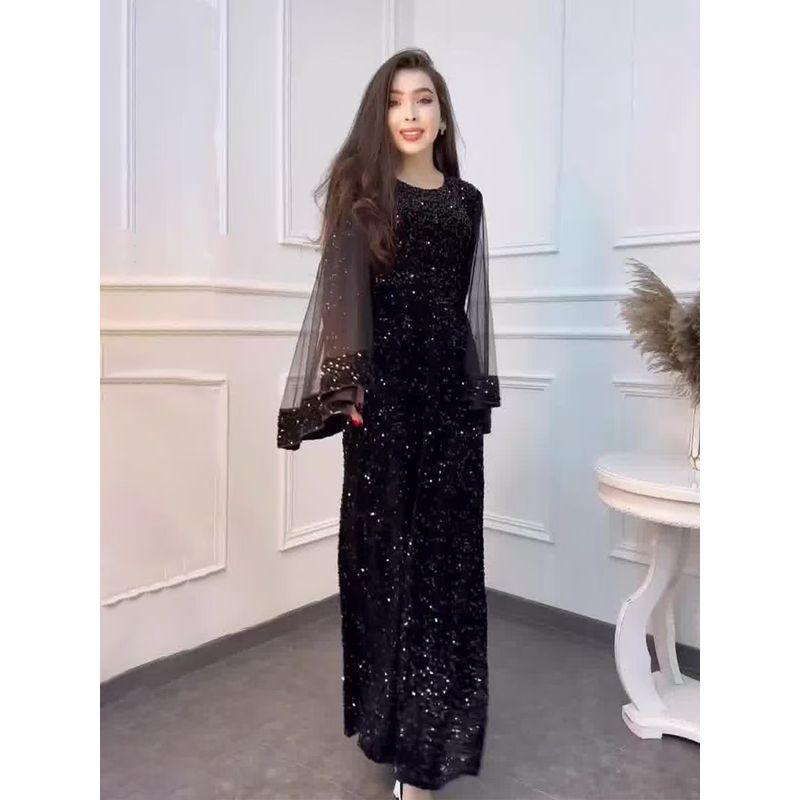 

Платье с длинным рукавом в западном стиле, шаль из новой легкой пряжи, расшитое пайетками, длинное платье, платье-шаль из сетки с пайетками Black XL