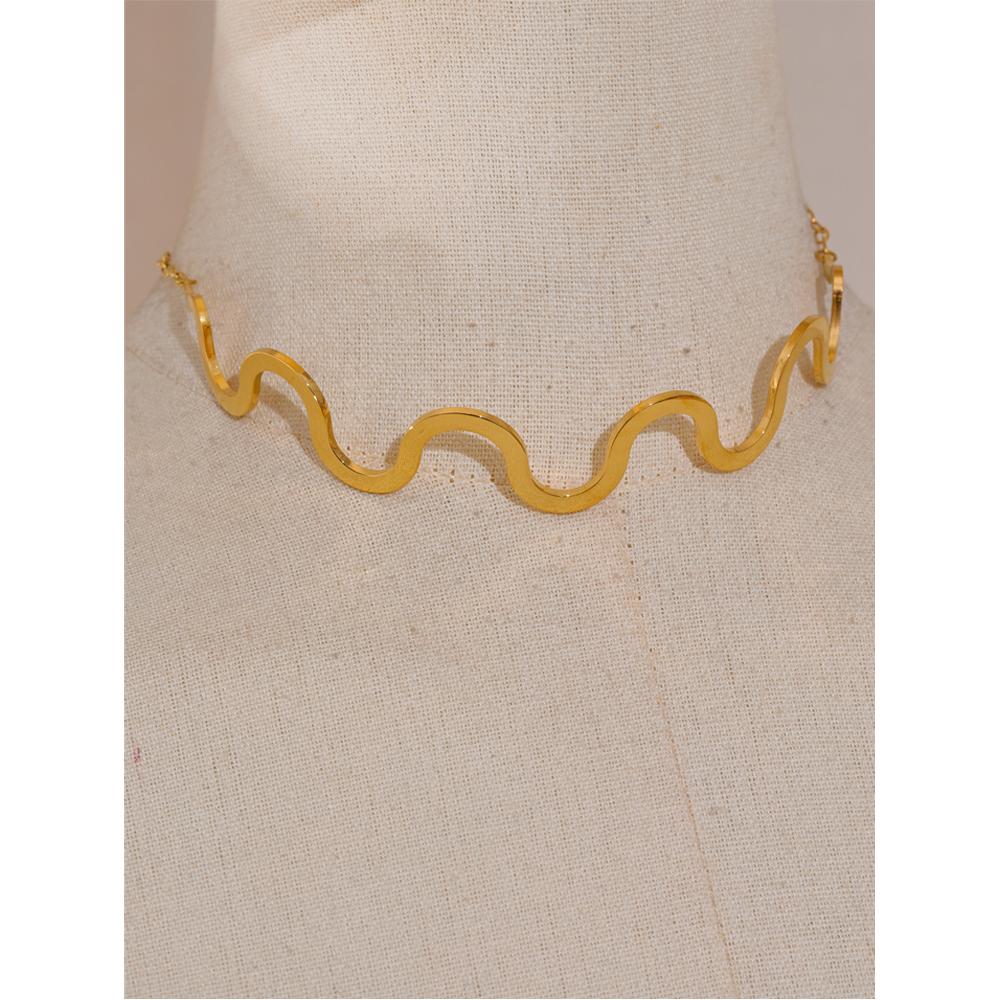 Yhpup Fashion Stainless Steel Wave Choker Necklace 18K Gold Color PVD Plated Popular Metal Distinctive Personality Jewelry