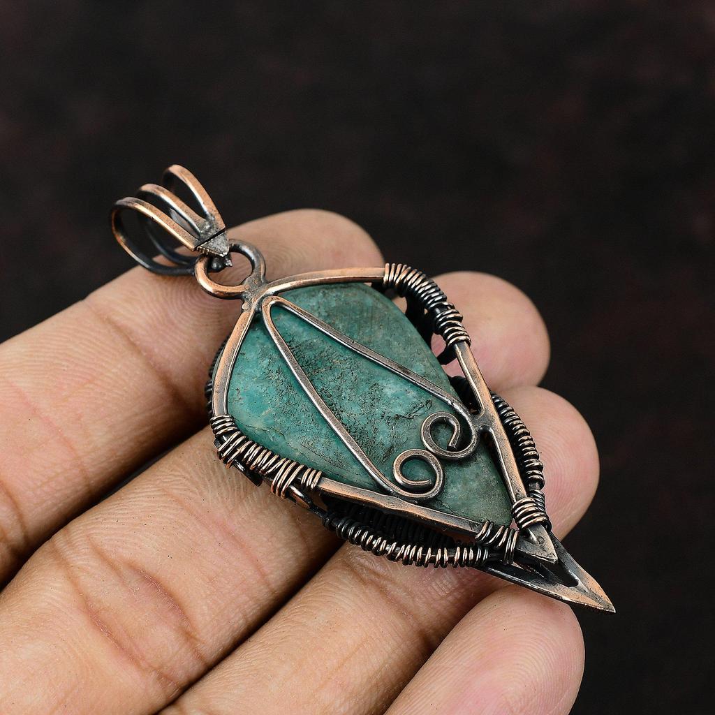 Amazonite Pendant Gemstone Pendant Copper Wire Wrapped Pendant Amazonite Copper Jewelry For Women Handmade Designer Pendant Gift For Friend