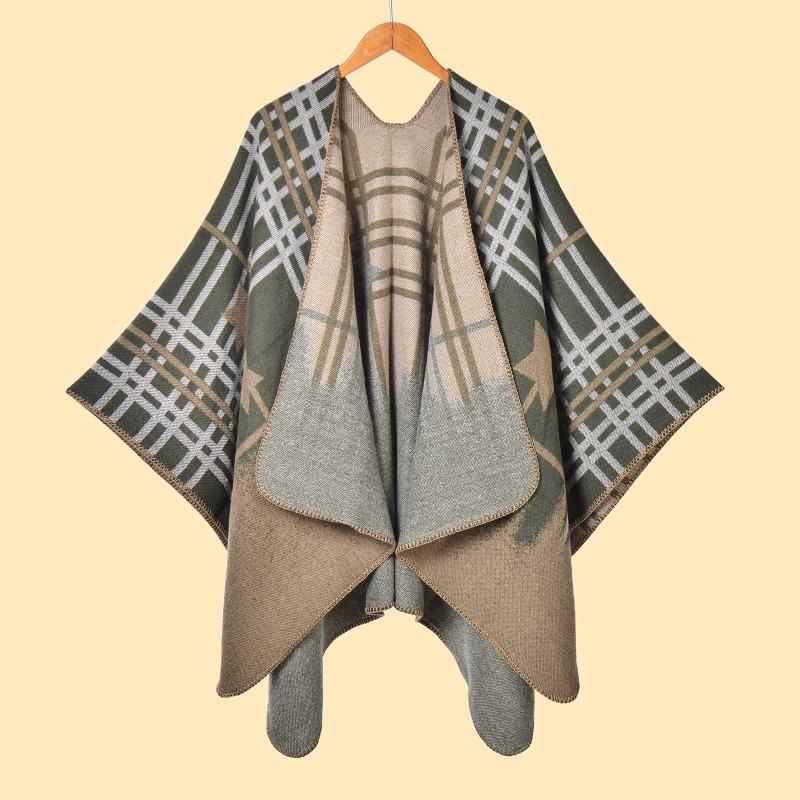 Ladies Autumn and Winter Scarf Shawl Warm Plus Plaid Five-pointed Star Jacquard Cardigan Cape Hwls