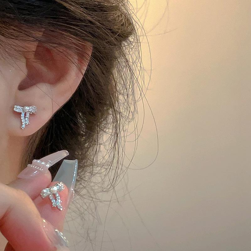 PANJBJ 925 Silver Bow Knot Earring for Women Texture Tassels Sweet Romantic Korean Jewelry Gift