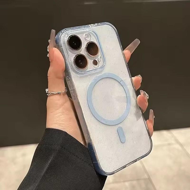 

Роскошный блестящий прозрачный чехол Magsafe для iPhone 16 13 14 15 Pro Max Plus, магнитный прозрачный бампер, мягкий силиконовый чехол iPhone 15 Pro Max синий