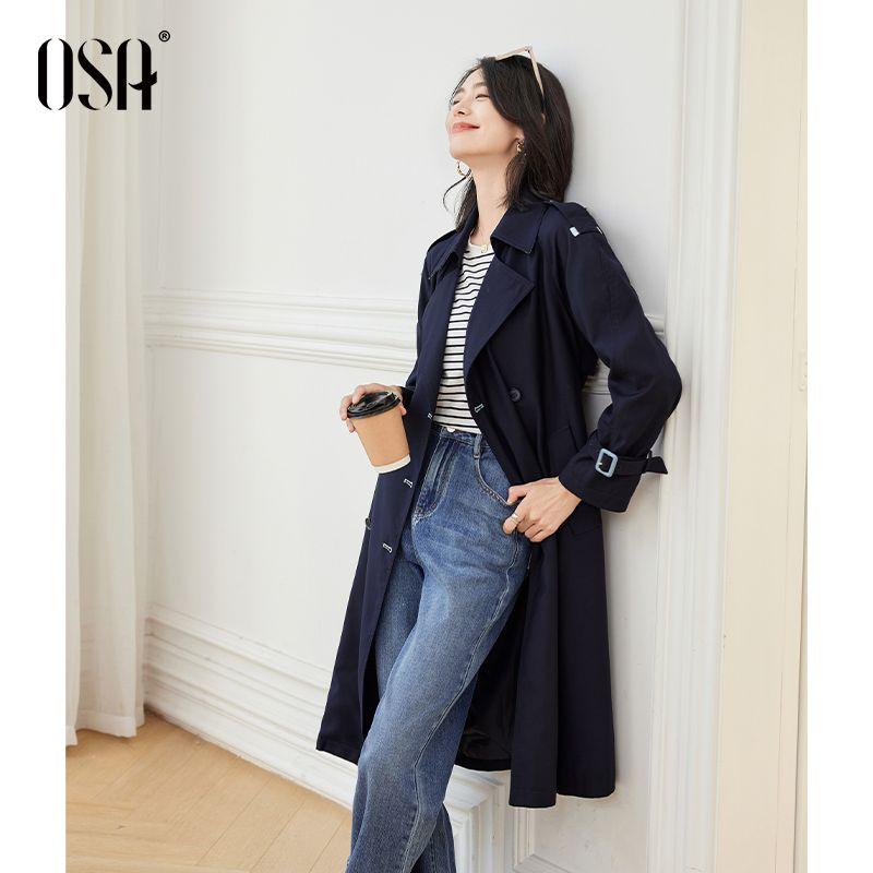 

OSA OSHA Retro Double Breasted Ladies Autumn Clothes Trench Coat Tibetan Blue XL