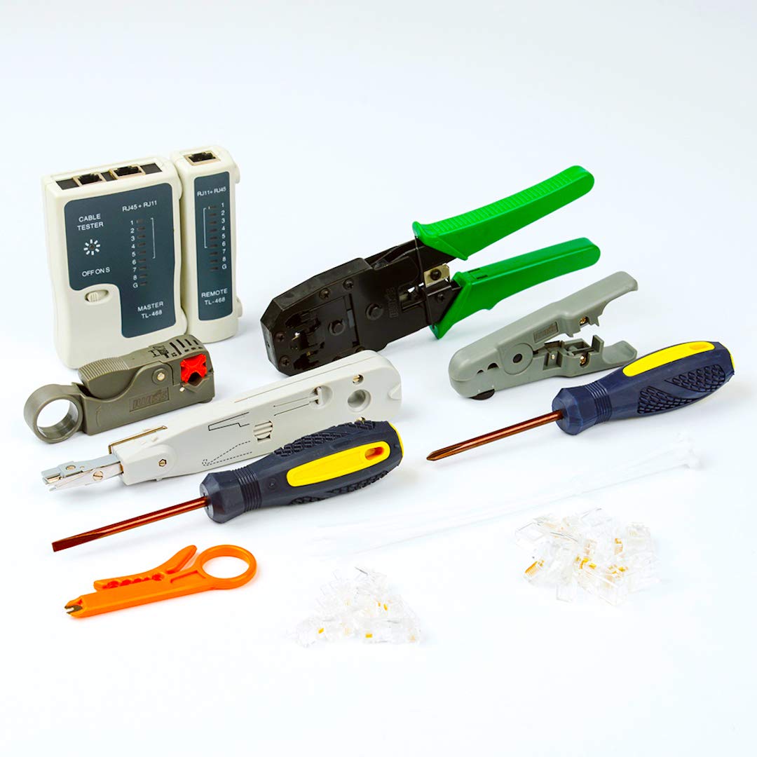 

IWISS LAN Cable DIY Tool Includes Crimping Pliers LAN Cable CAT6 Compatible Kit, 12-Piece Set, (with Stripper), Tester, Connectors, Single-Wire