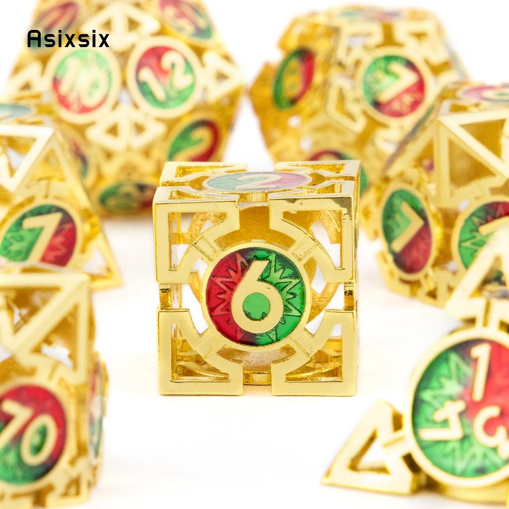 7 Pcs Golden Red Green Metal Dice Circular Hollow Metal Polyhedral Dice Set Suitable for Role-Playing RPG  Board Game Card Game