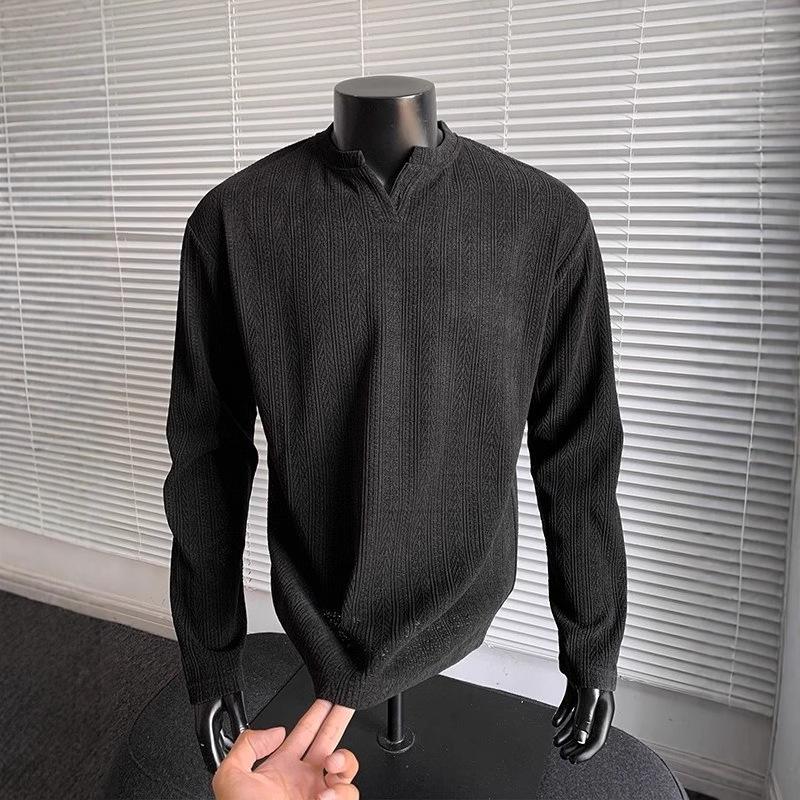 American Dark Gray V-neck Sweater Men's Autumn Wheat Ears Striped Jacquard Long Sleeves