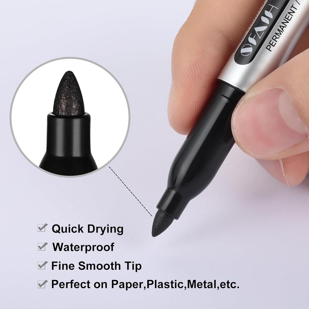 SFAIH Black Permanent Markers Bulk - 24 Pack, 1s Quick Dry, Non-Fading, Fine Point Permanent Pens for Plastic Glass Metal Wood Paper Stone, Office