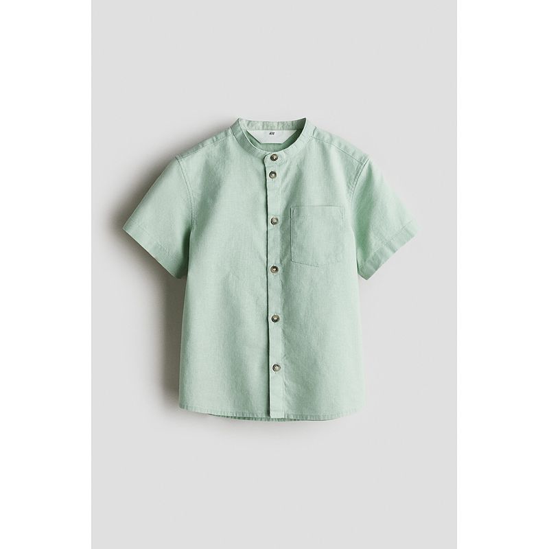 

HM Детская одежда Рубашка для мальчиков Летняя Льняная Дышащая Воротник-стойка Свободная Клетчатая Полосатая Рубашка с коротким рукавом 1217934 Green 120/60((5-6Y))