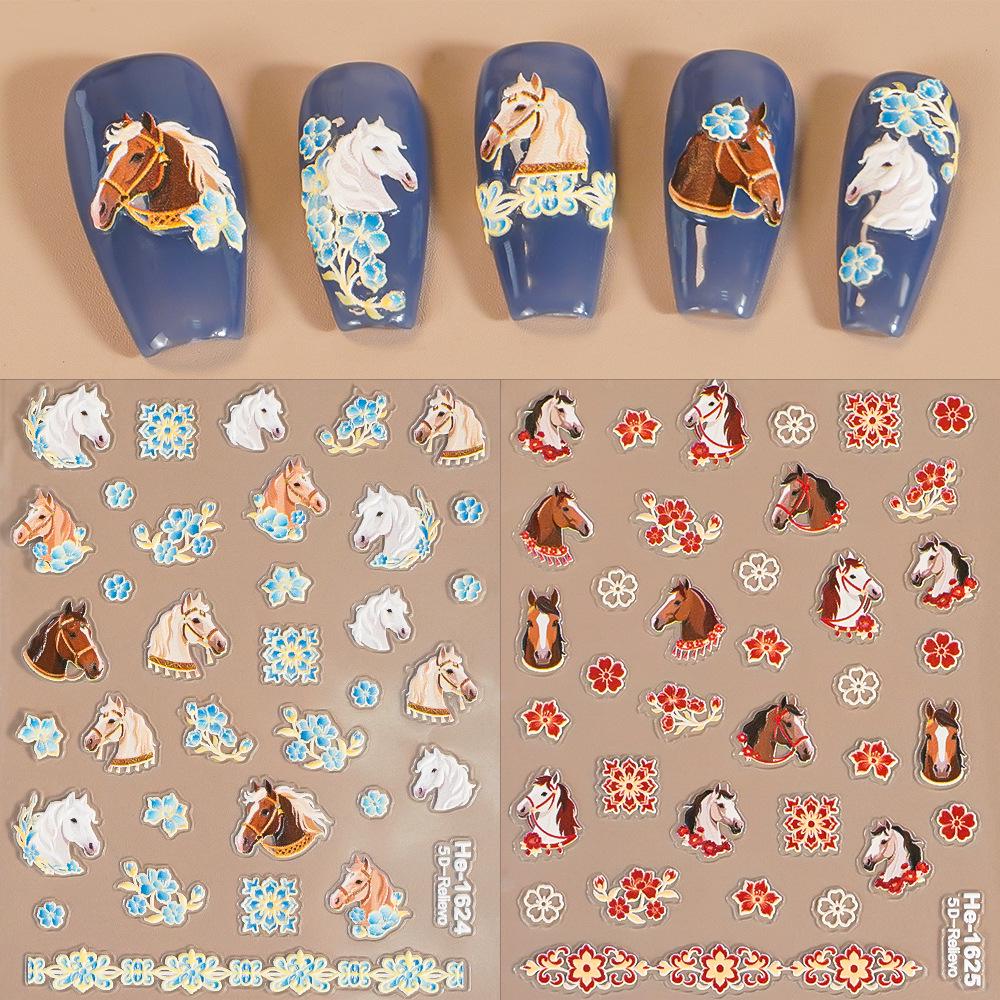 5D Embossed Cartoon Nail Art Stickers: Galloping Horse & Red Flower Wreath He1625