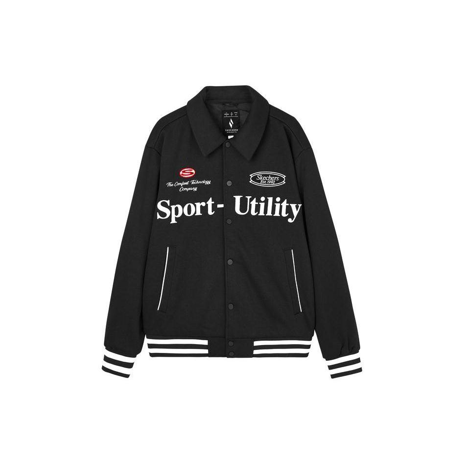 Skechers Colorful Casual Series Letter Single Button Collar Long Sleeve Baseball Jacket Men jackets Carbon-Black L124M016-0018 S