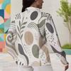 Women Plus Size Collared Long Sleeve Abstract Geometric Printed Button Front Shirt