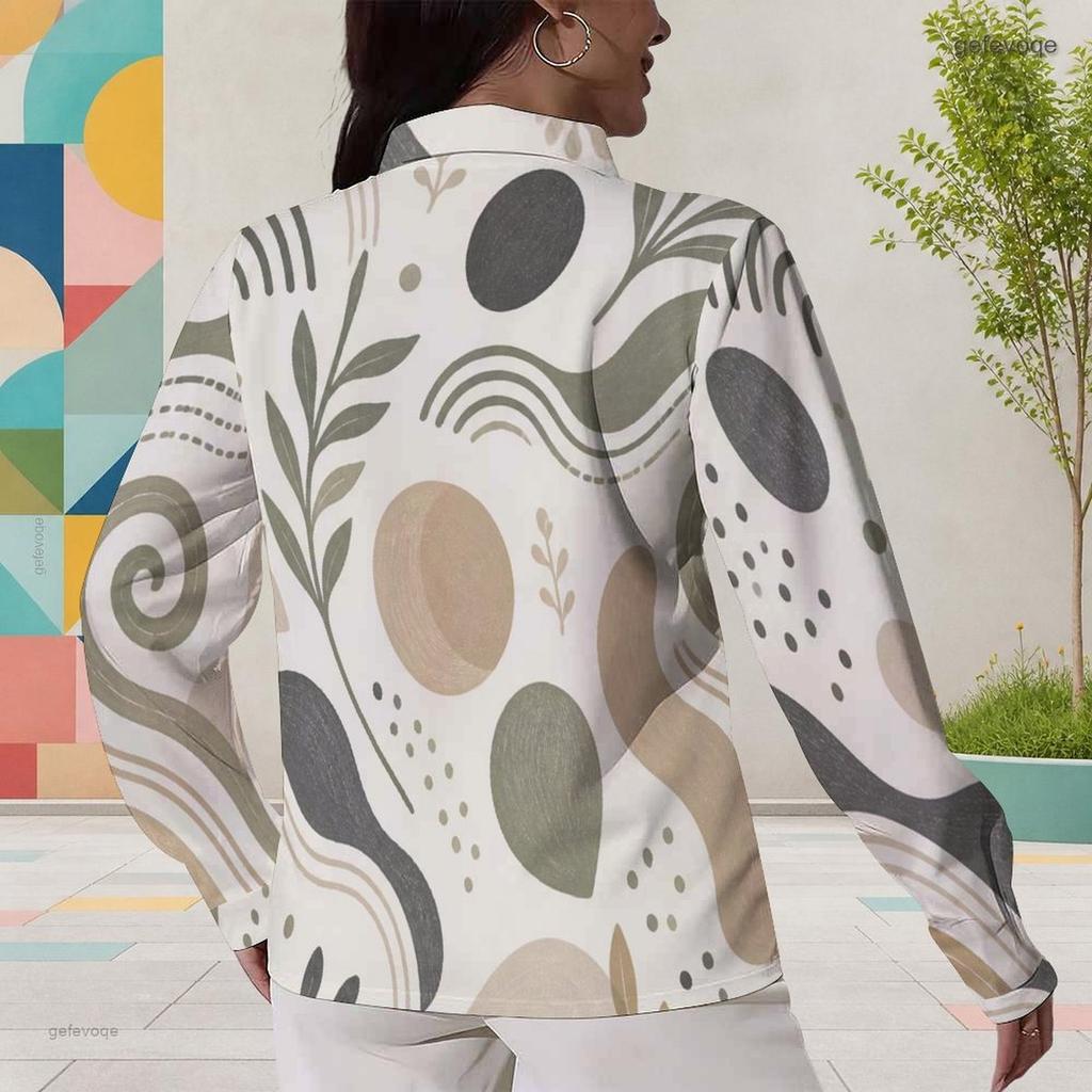 Women Plus Size Collared Long Sleeve Abstract Geometric Printed Button Front Shirt