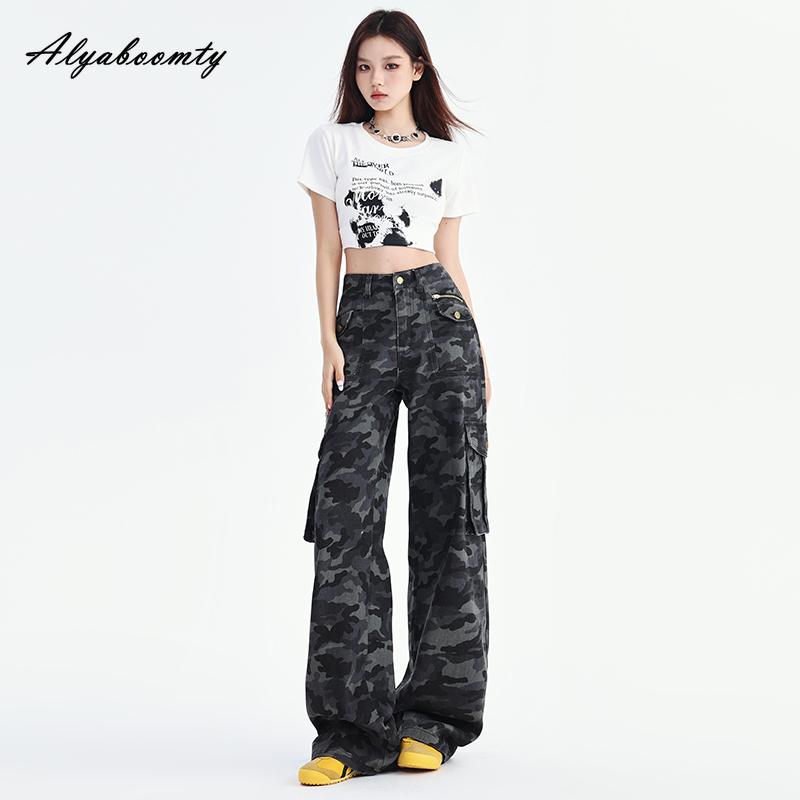

Японские женские уличные джинсы Harajuku с камуфляжной талией, повседневные свободные джинсовые брюки с высокой талией, стильные модные женские джинсы с карманами