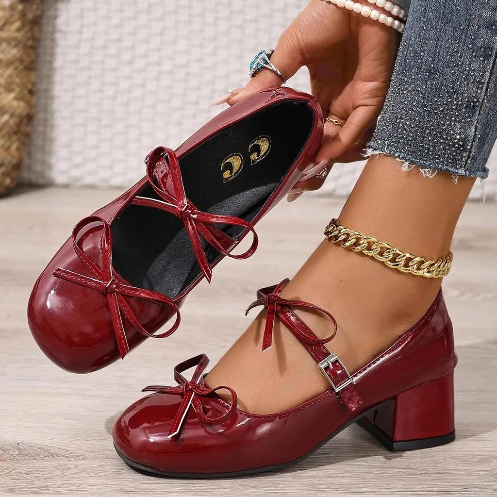French Butterfly Knot Mary Jane Single Shoes Women's Chunky Heel Elegant Versatile Skirt Matching Small Leather Shoes