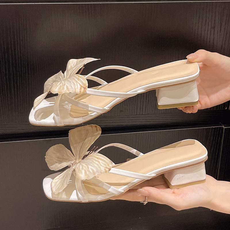 Square Heel Sandals Women's Summer New Square Toe Open Toe Iris Flower Thin Strap Non-Slip Kitten Heel Shoes
