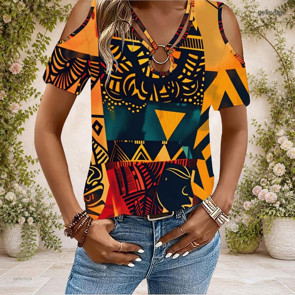 Damen Übergröße Schlüsselloch Ringhals Kalte Schulter Kurzarm Tintenspritzer Druck T-Shirt