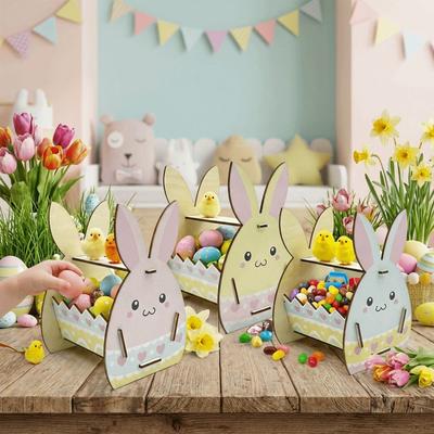 Wooden Easter Bunny Basket Semi-Open Frame DIY Paint Candy Storage Basket Handmade Crafts Happy Easter Bunny Decor Box