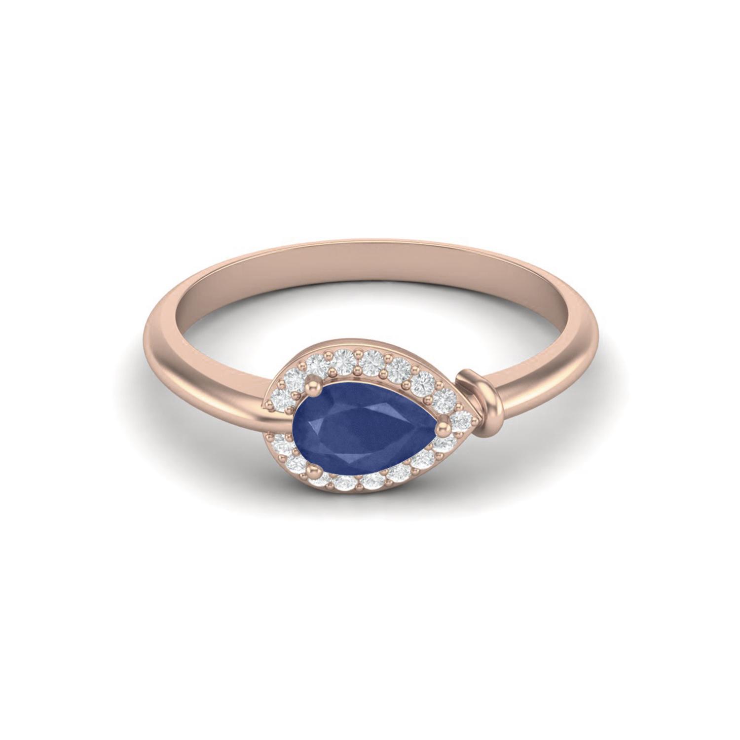 6X4mm Pear Blue Sapphire 925 Sterling Silver Rose Vermeil Solitaire Halo Women Wedding Ring