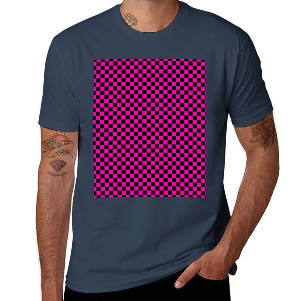 Bright Hot Neon Pink And Black Racing Car Check Tshirt Comfortable Basic Crew Neck Tee Tshirt
