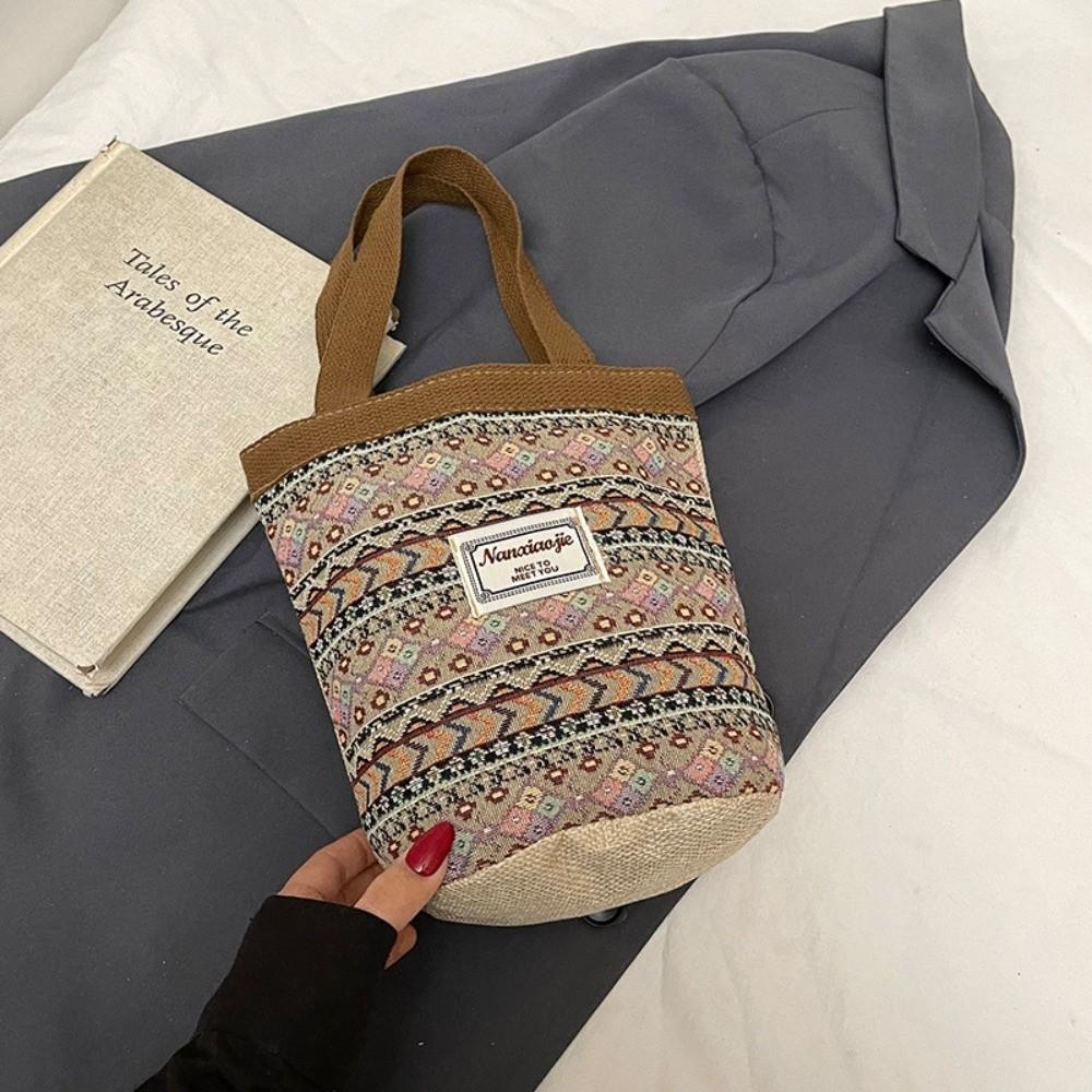 Casual Hand-Carrying National Style Tote Bag Linen Flower Printed Bohemian Handbag Lightweight Lunch Bag Women