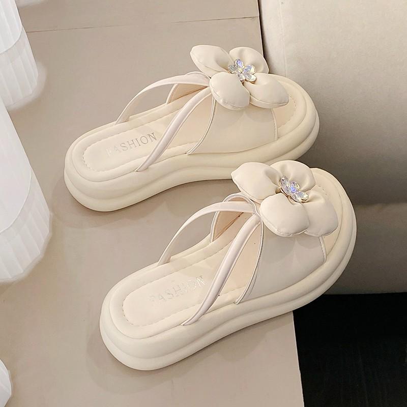 Summer New French Drag 2025 Spring Thick-bottomed French Bow Fashion Non-slip One-word Drag Women's Summer Outer Slippers