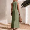 Modisches Damen-Strandurlaub-Freizeitkleid Farbe Baumwolle Leinen Ärmellos Seitenschlitz Mittellang