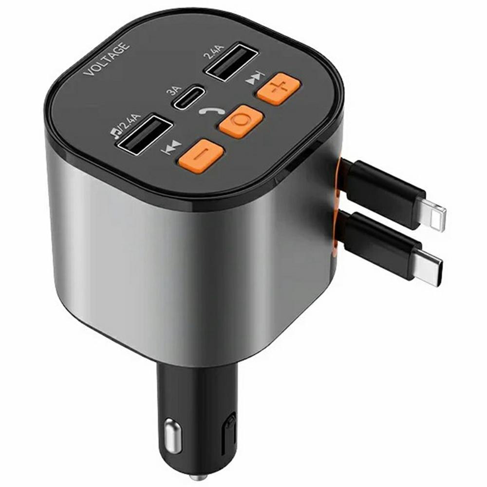 

PT-21 FM Transmitter Car Charger Voltage Display PD Fast Charging Adapter with iP/Type C Retractable Cables