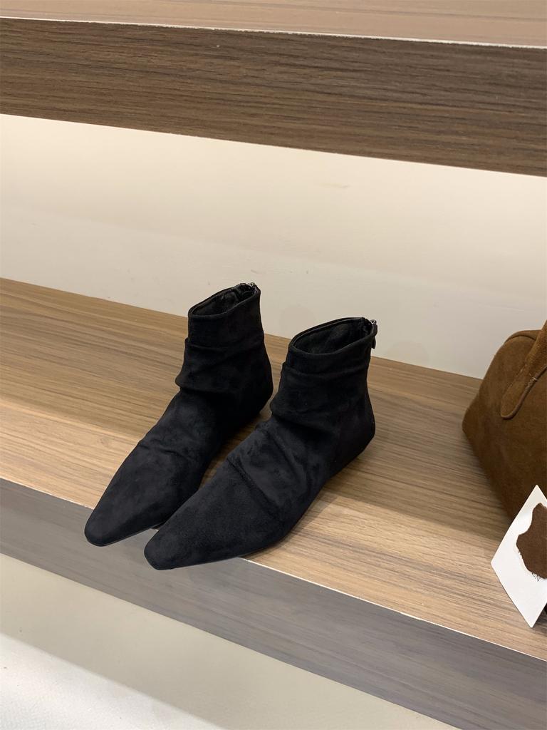 Thick Heel Square Head Suede Pile Boots Short Boots Women's Boots 2025 Spring and Autumn French Small Naked Boots Khaki Martin Boots