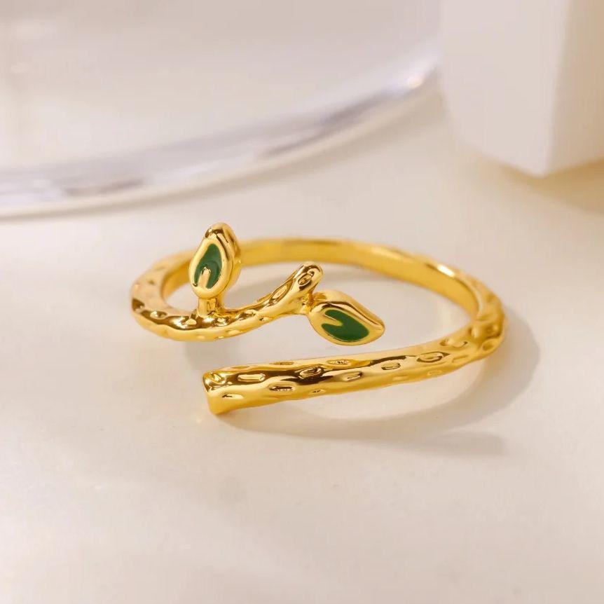 Green Leaf Rings For Women 18K Gold Plated Stainless Steel Leaf Opening Ring Weeding Christmas Jewelry Gift