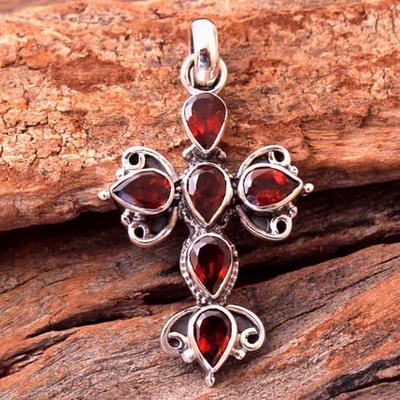 Reiki Pendant, Red Garnet Gemstone Cross Pendant January Birthstone Silver Jewelry Ap6147