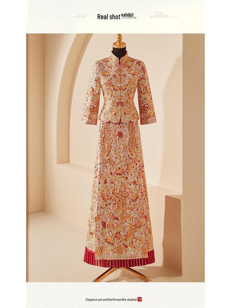 2025 Embroidered Dragon & Phoenix Kua Xiuhe Wedding Dress - Retro Chinese Slim Fit Bridal Toasting Gown