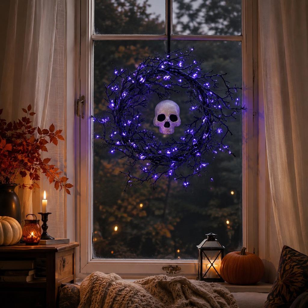 Lighted Halloween Wreath with 50 LED Lights for Porch Outdoor Party Decoration