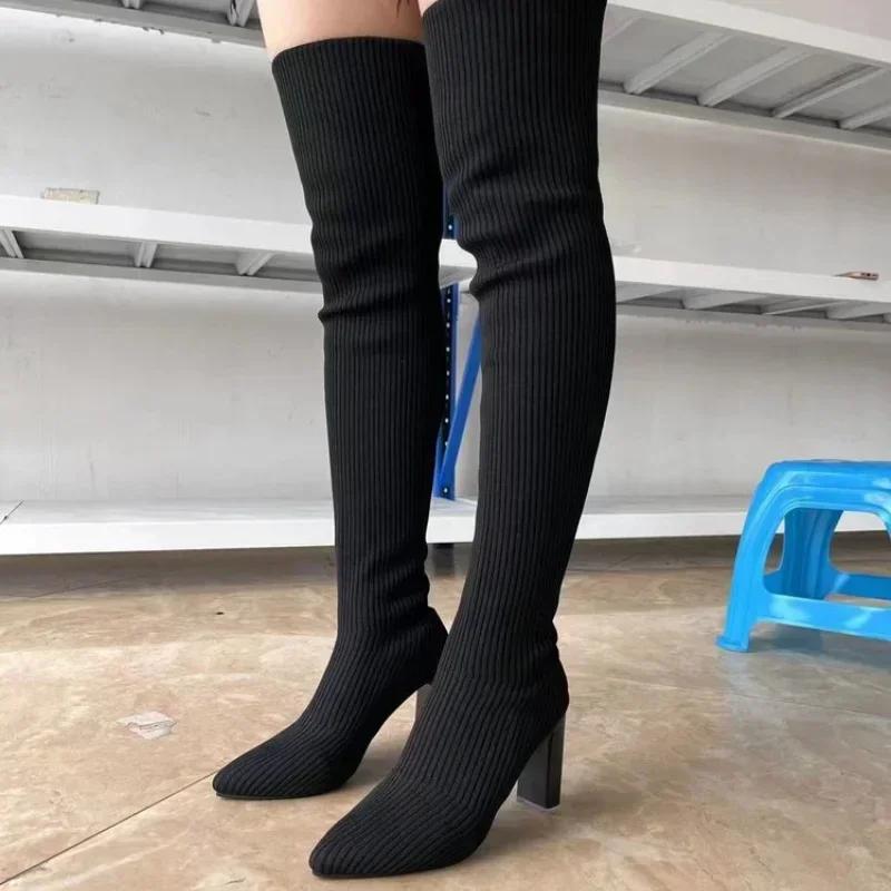 Cizme înalte de damă Toamnă Iarnă Cizme peste genunchi Cizme șosetă elastice de înaltă calitate Petrecere Sexy Toc 9 cm Pantofi de damă Botas Mujer