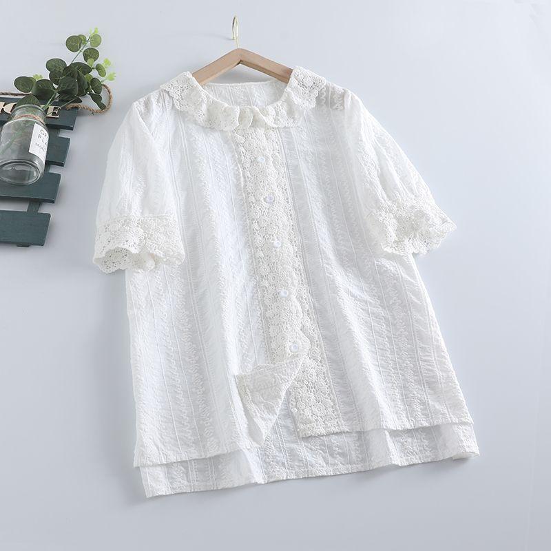 

Mori Fresh Heavy Industry Crochet Peter Pan Collar Lace Lace Single-Breasted Pure Cotton Short-Sleeved Shirt Anti-Aging Top Tide White One size