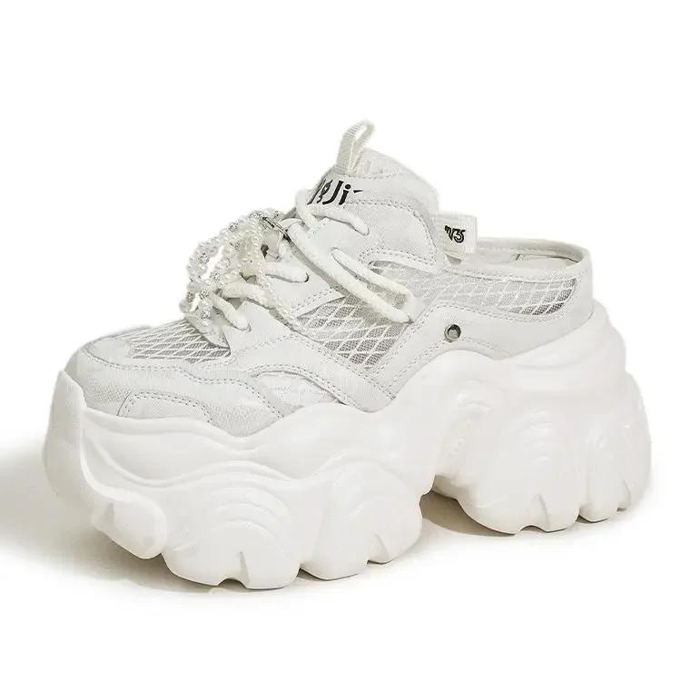 

Модные 9 см дышащие сетчатые синтетические тапочки Блестящие повседневные вулканизированные туфли Летние массивные кроссовки Сандалии на платформе-клине Женские 39 бежевый